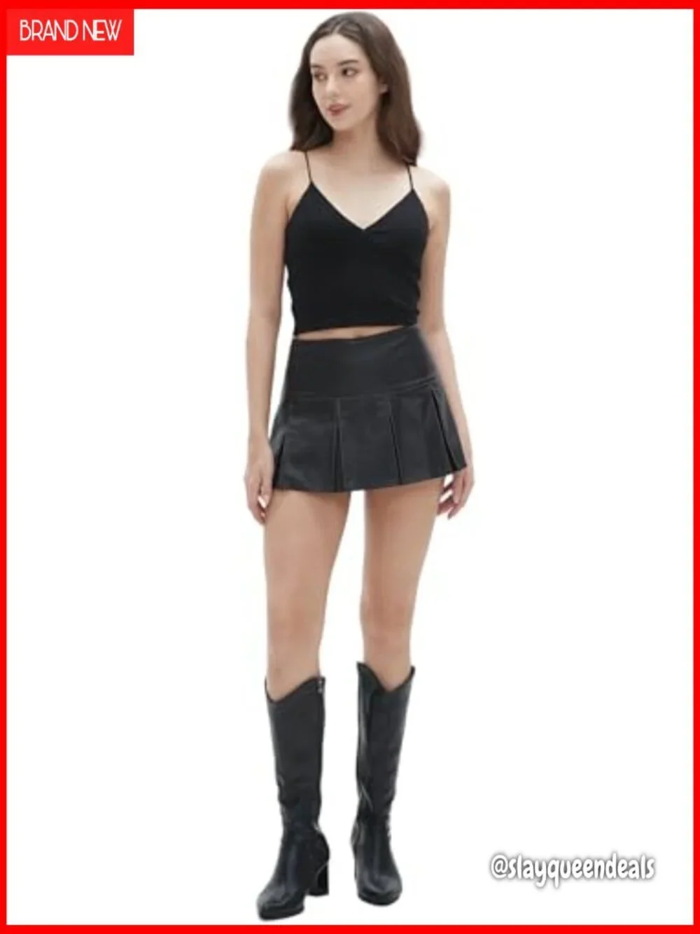 PU Faux Leather Pleated Mini Skirt, Mid-Low Waist, Regular Fit, Hand Wash